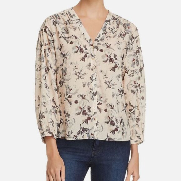 Ditsy Floral Peasant Blouse M/L Silk Button Up Puff Sleeves Ivory Neutral Boho - Picture 1 of 7